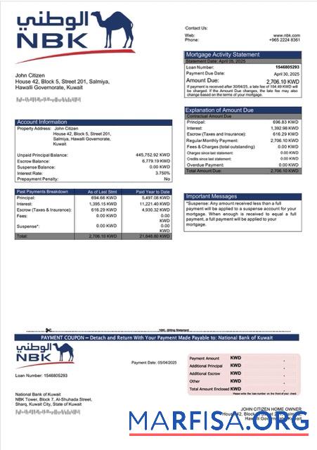 Blank Kuwait National Bank of Kuwait mortgage statement Word and PDF template
